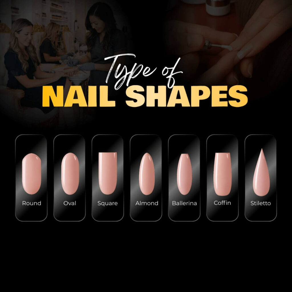 Seven popular nail shapes displayed at a nail salon in San Ramon